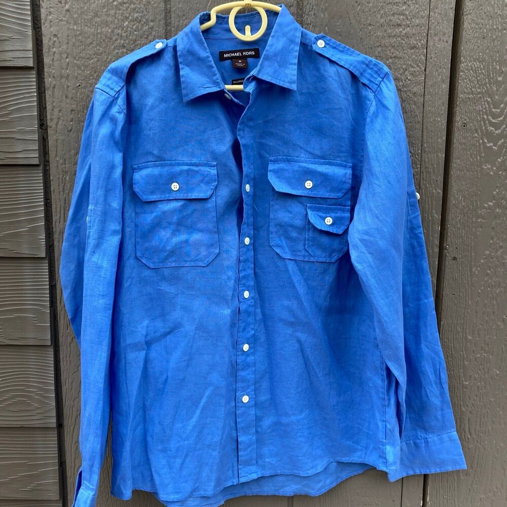 michael kors men’s size medium blue tailored fit 100% linen button up shirt